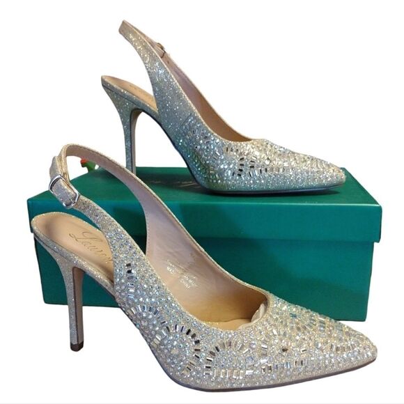 Lauren Lorraine Rachel Nude Crystal Shimmer Sling Back Heels Size 8 NIB - Picture 9 of 16
